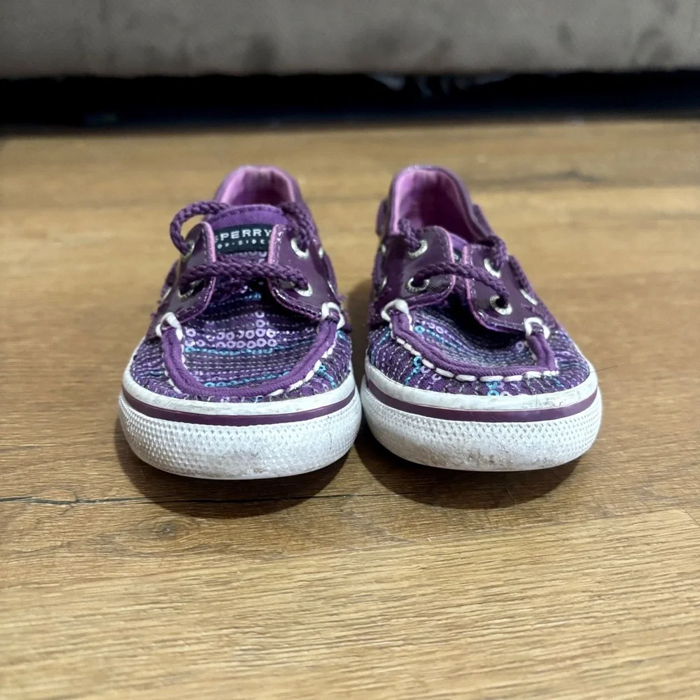 Girls Sperry Top Siders Bahama Purple Plum Sequin Boat Shoe Size 9.5 Sparkle‎